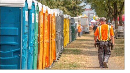 Row of colorful portable restroom units staged for a large outdoor event
