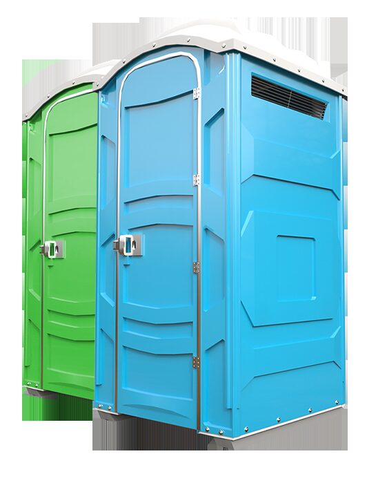 Green and light blue portable restroom units shown in a studio product photo